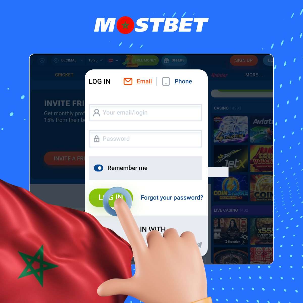قم بتسجيل الدخول إلى حسابك بالنقر على زر "تسجيل الدخول" الموجود أعلى يمين موقع Mostbet الإلكتروني